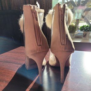 New Women Qupid Ara-282 Lucite Peep Toe Pom Pom Faux Zipper Stiletto Bootie